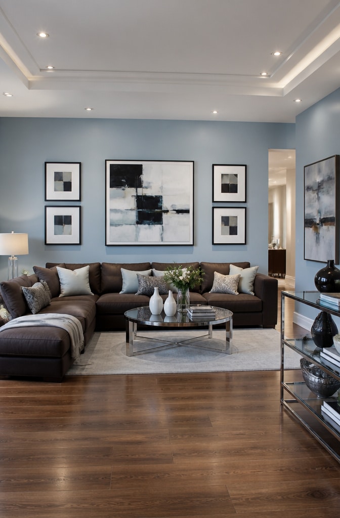 Contemporary Light Blue and Chocolate Brown Living Room