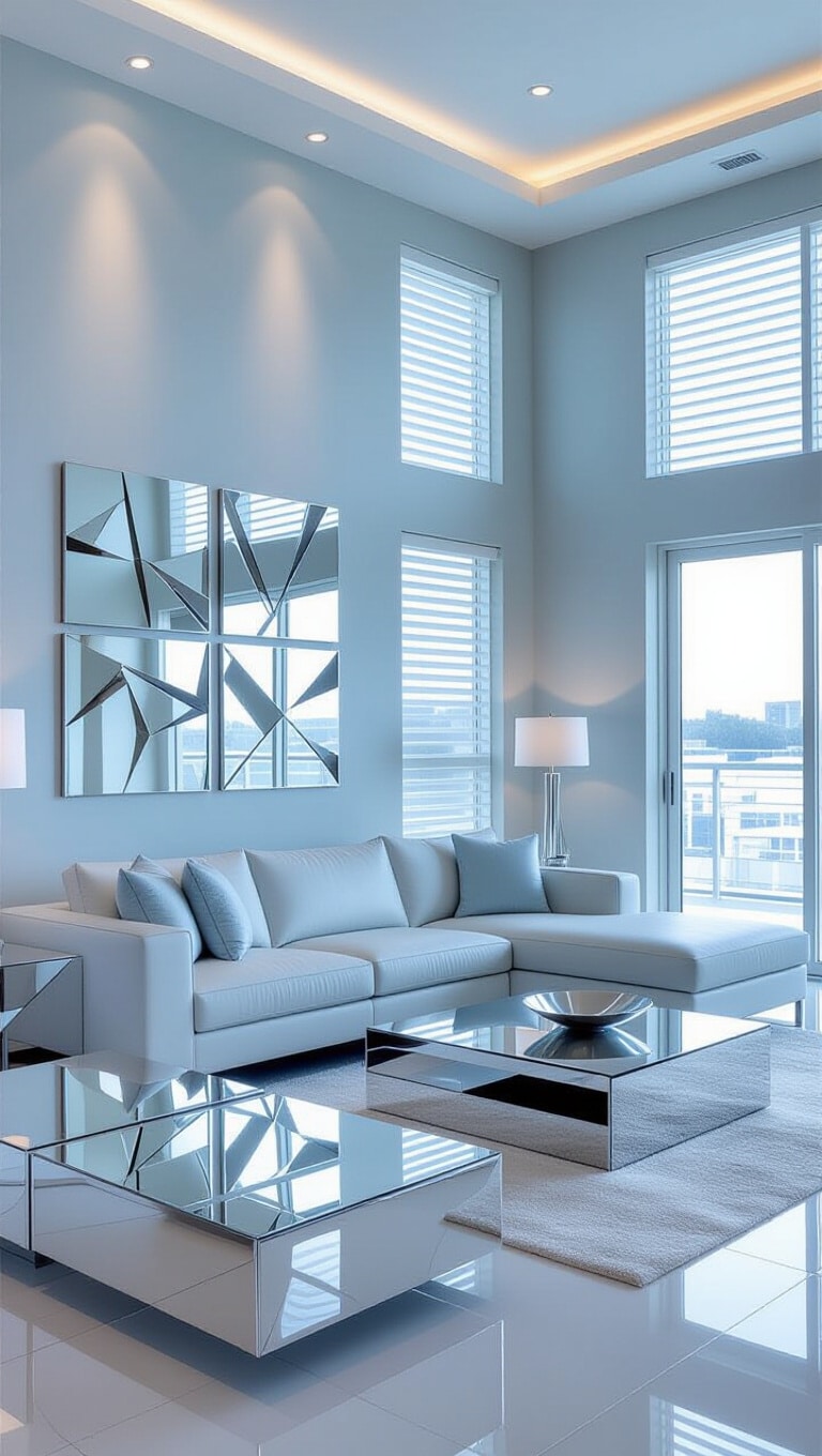 Contemporary Light Blue Living Room with Metallic Accents