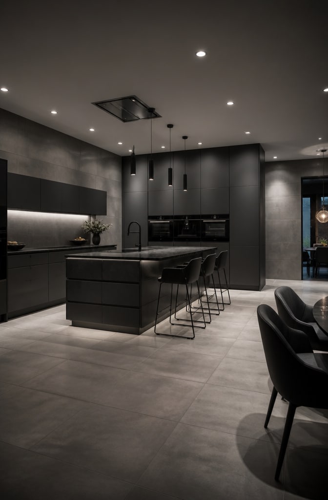 Contemporary Monochrome Grey Tile Kitchen