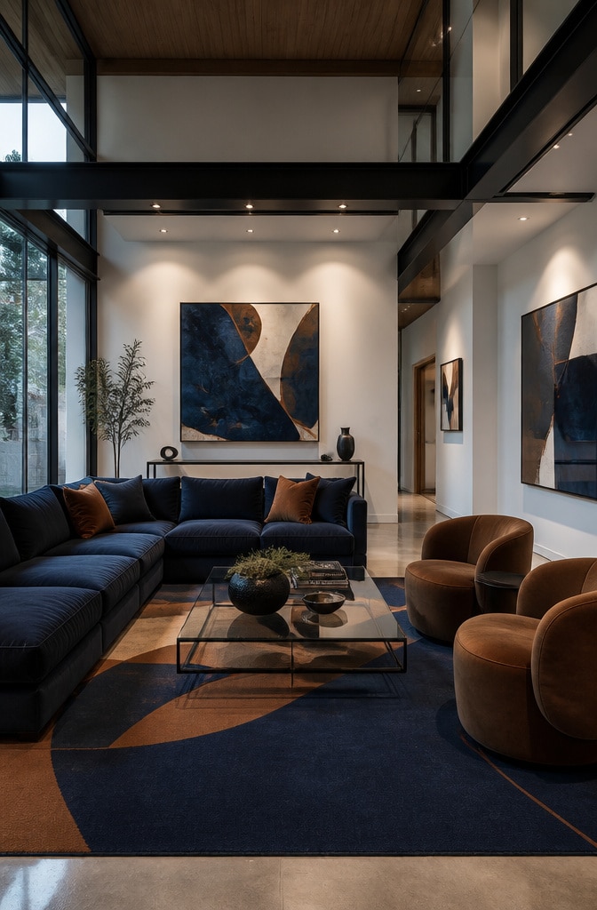 Contemporary Navy and Brown Artistic Living Room
