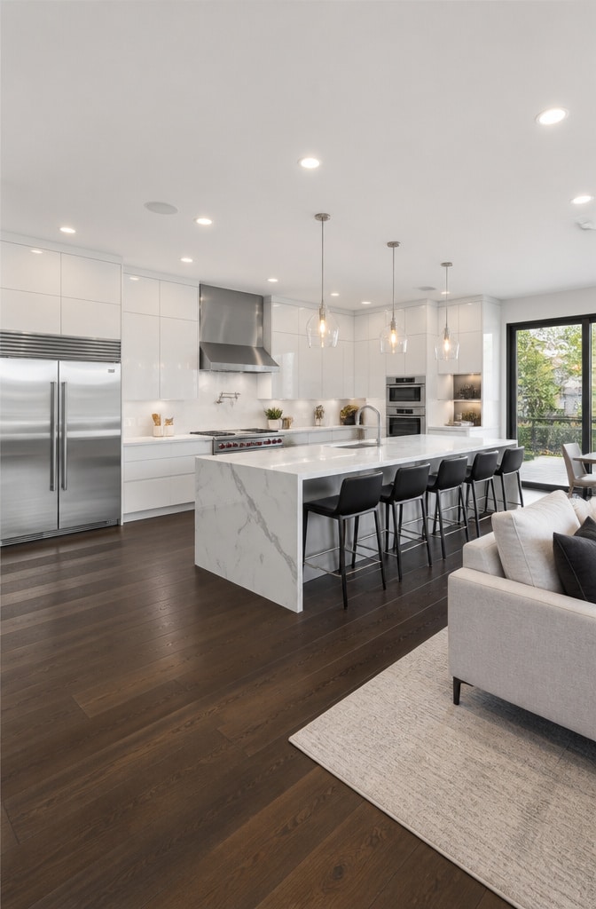 Contemporary Open-Concept Kitchen with Dark Brown Floors