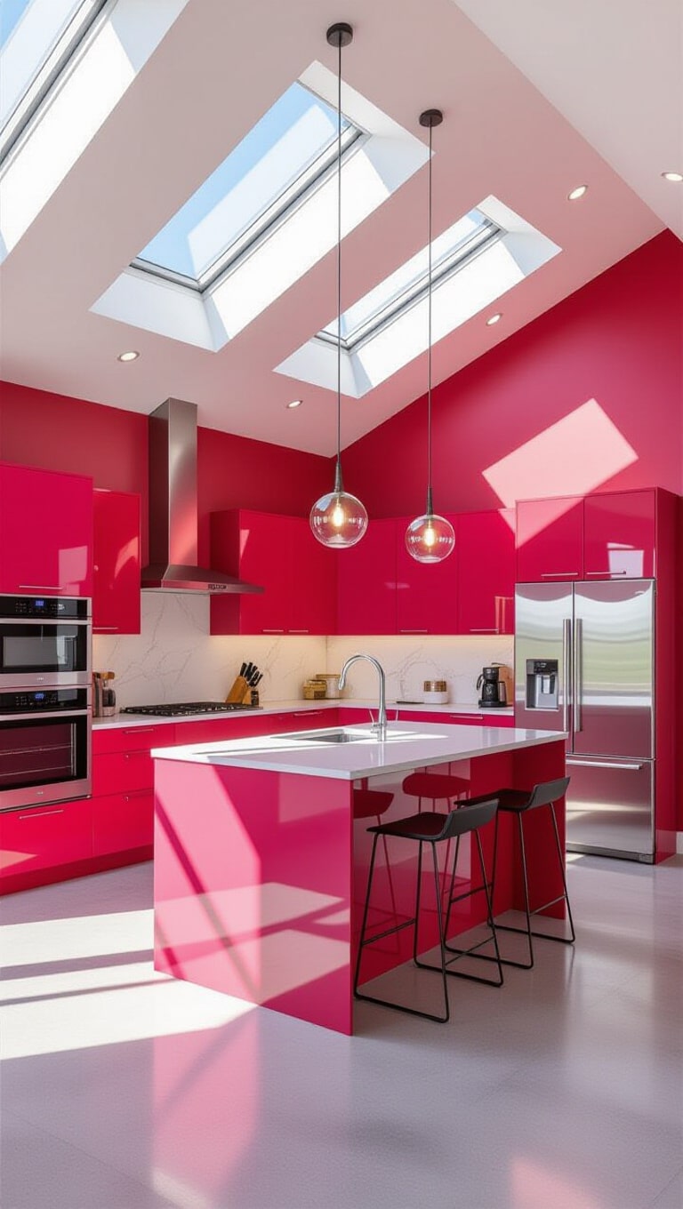 Contemporary Pink and Red Open-Concept Kitchen