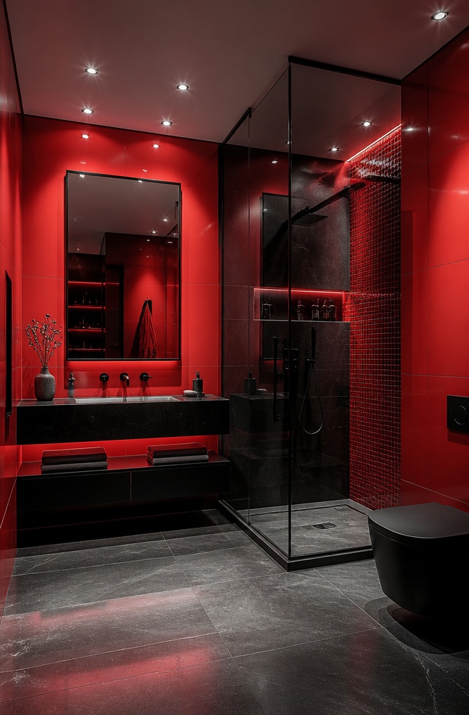 Contemporary Red and Black Bathroom Chic
