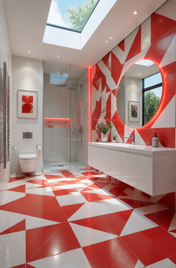 Contemporary Red and White Bathroom with Geometric Tiles