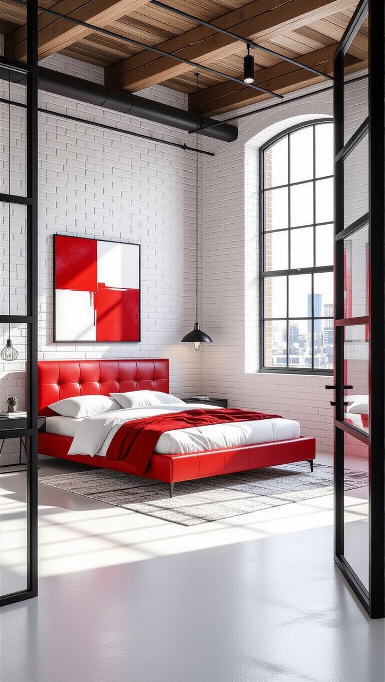 Contemporary Red and White Loft Bedroom