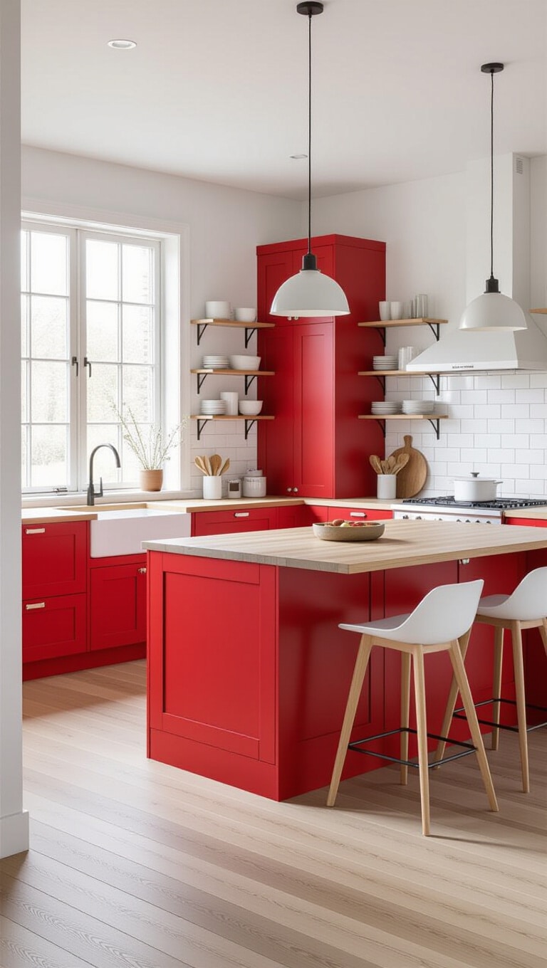 Contemporary Red and White Scandinavian Kitchen