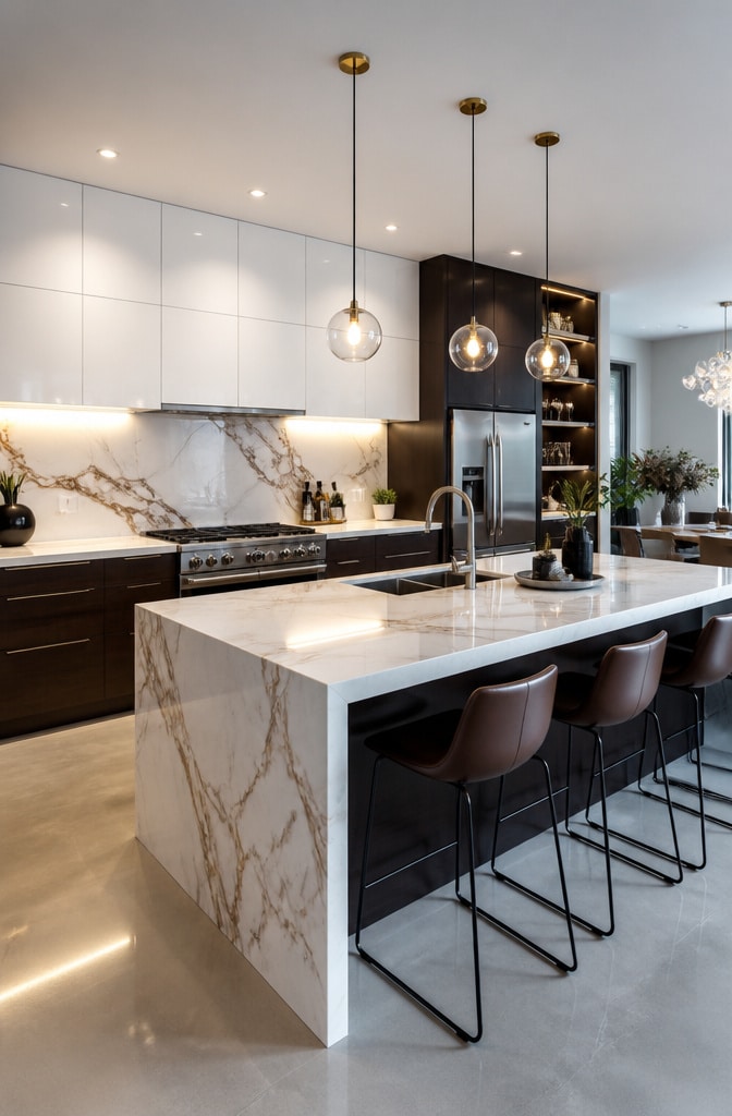 Contemporary White and Brown Kitchen with Marble Accents
