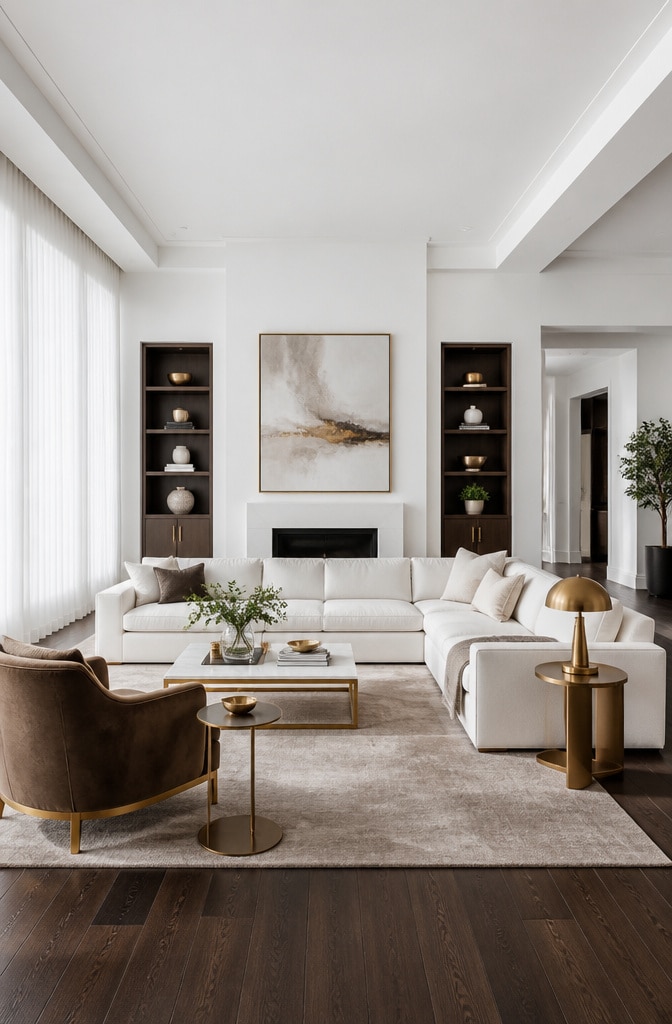 Contemporary White and Brown Living Room with Gold Accents