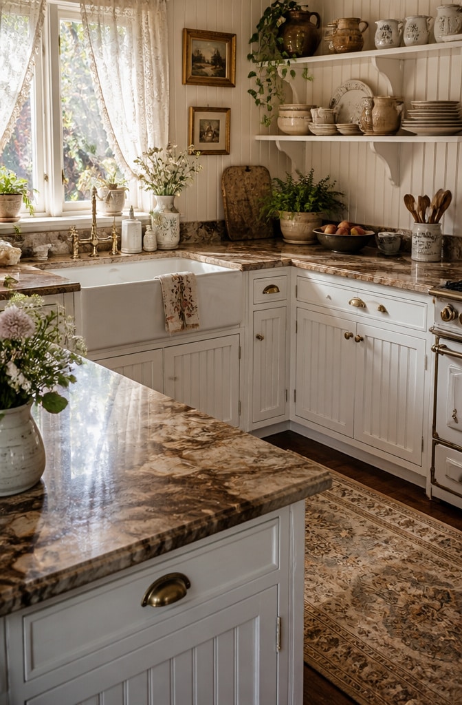 Cozy Brown Marble Cottage Kitchen