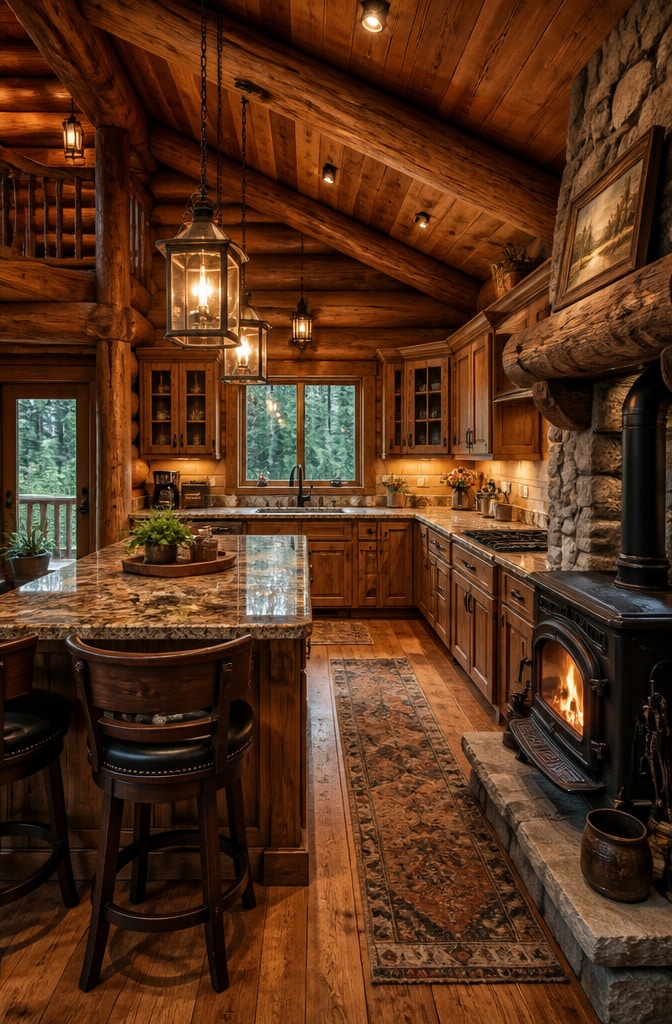 Cozy Brown Wood Cabin Kitchen