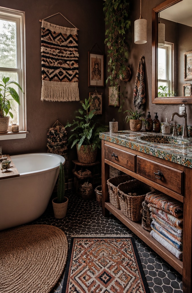 Cozy Chocolate Brown Bohemian Bathroom