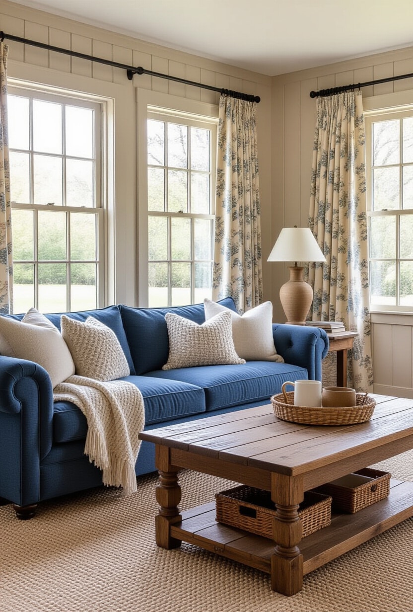 Cozy Cottage Blue and Beige Living Room