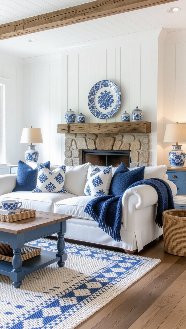 Cozy Cottage Blue and White Living Room
