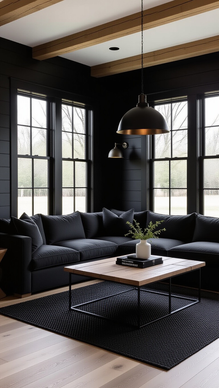 Cozy Modern Farmhouse Black Living Room