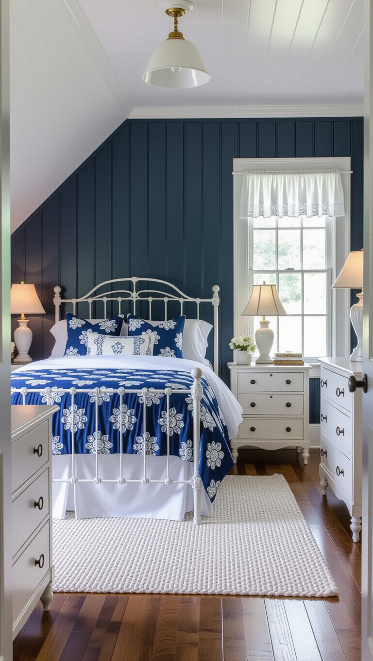 Cozy Navy Blue and White Cottage Bedroom