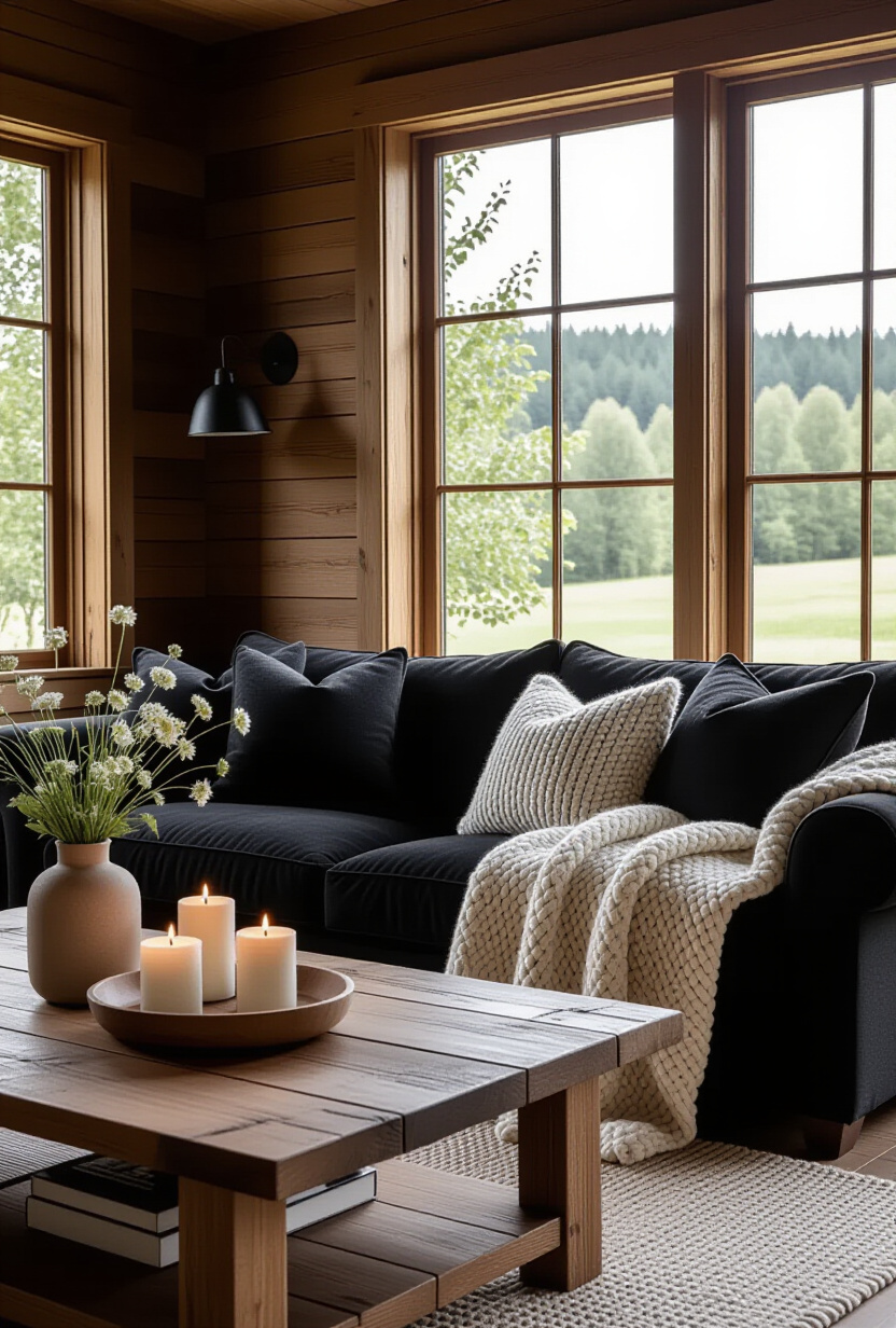 Cozy Rustic Black Couch Retreat
