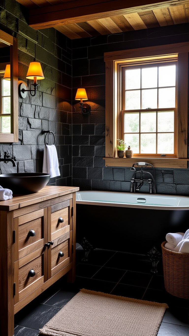 Cozy Rustic Black Tile Bathroom