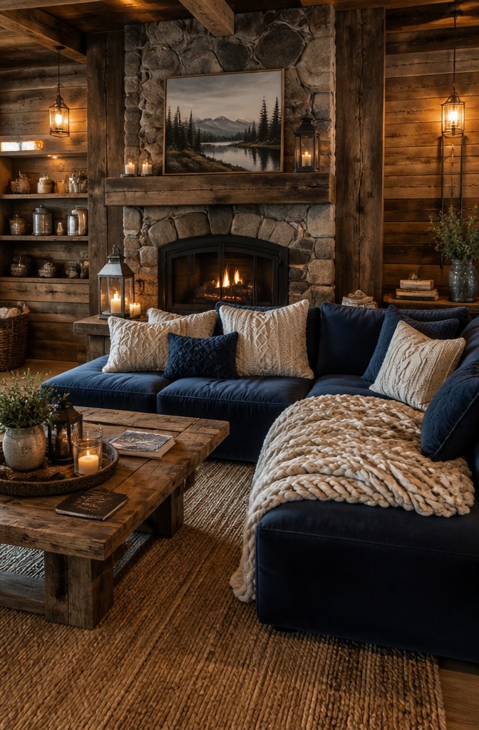 Cozy Rustic Navy Blue Couch Living Room