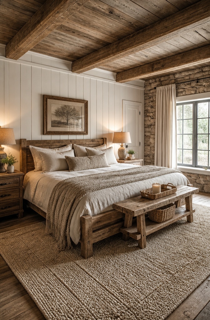 Cozy Rustic White and Beige Bedroom