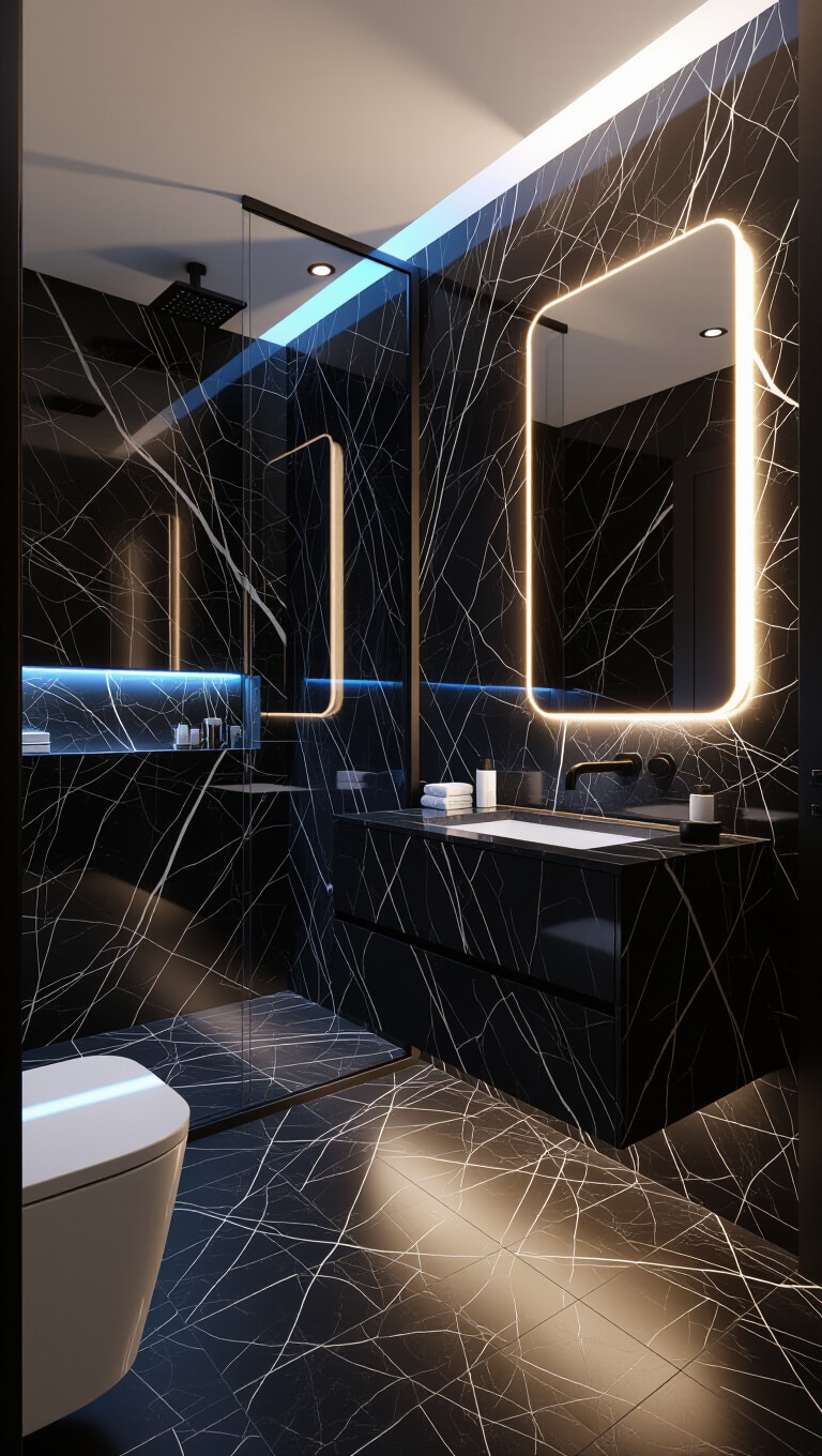 Dark Marble Bathroom with Ambient LED Lighting