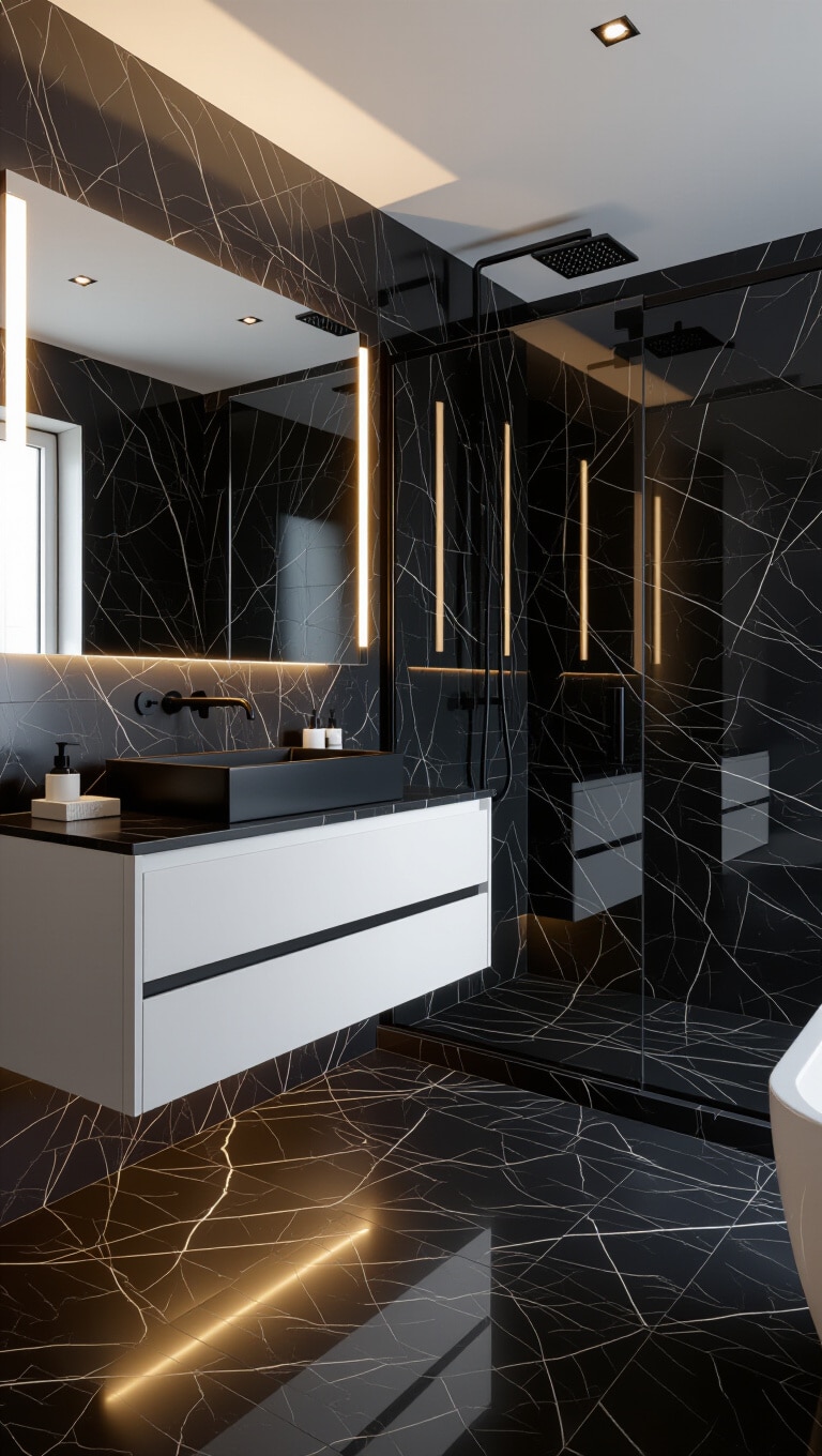 Dark Marble Bathroom with Matte Black Fixtures