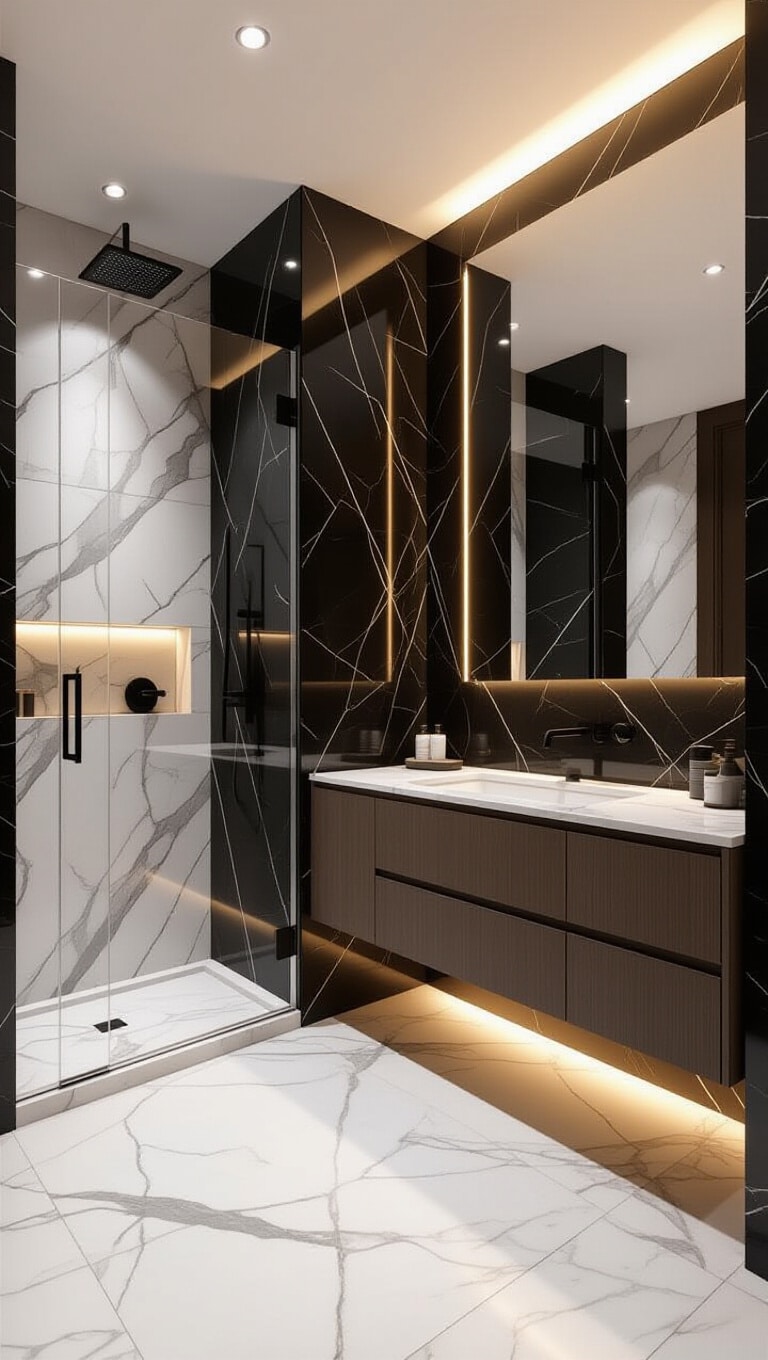 Dark Marble Bathroom with Natural Stone Contrast