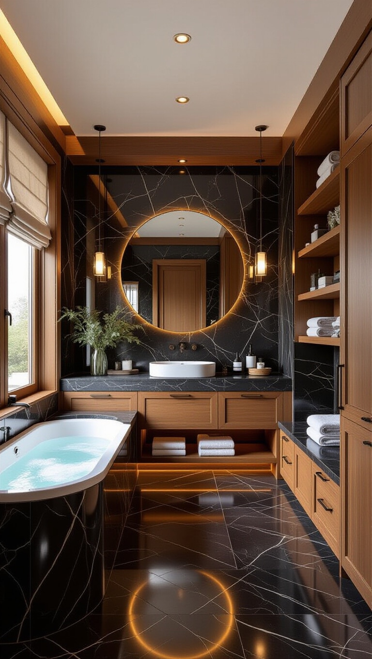 Dark Marble Bathroom with Warm Wood Accents