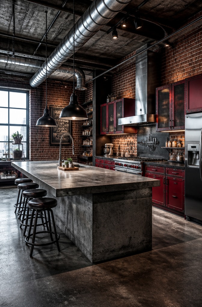 Dark Red and Black Industrial Kitchen