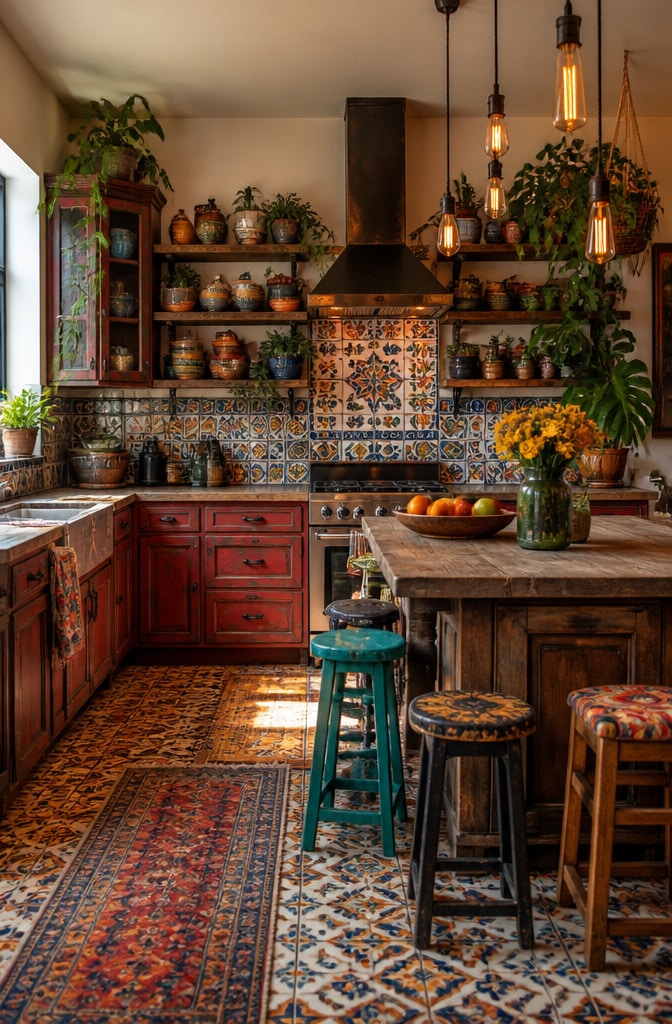 Dark Red Bohemian Eclectic Kitchen