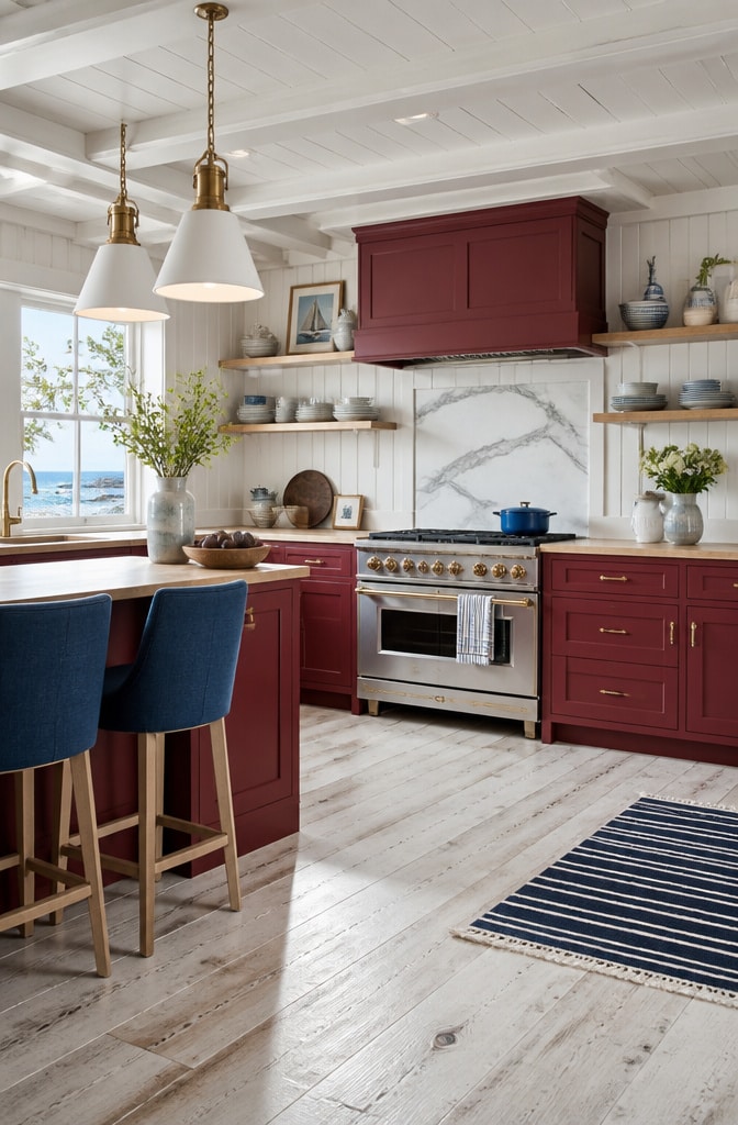 Dark Red Coastal-Inspired Kitchen