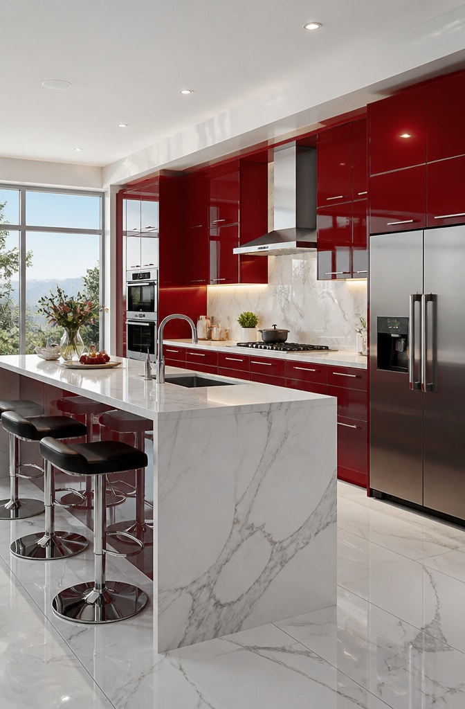 Dark Red Glossy Contemporary Kitchen