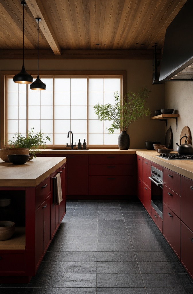 Dark Red Japanese Zen Kitchen