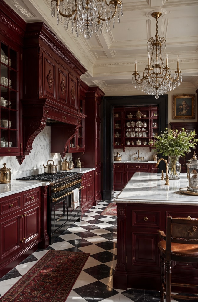 Dark Red Victorian-Inspired Kitchen