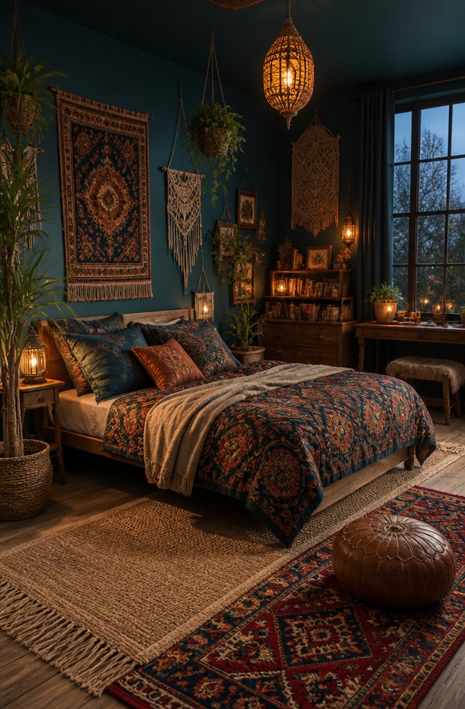 Deep Teal Blue Bohemian Bedroom