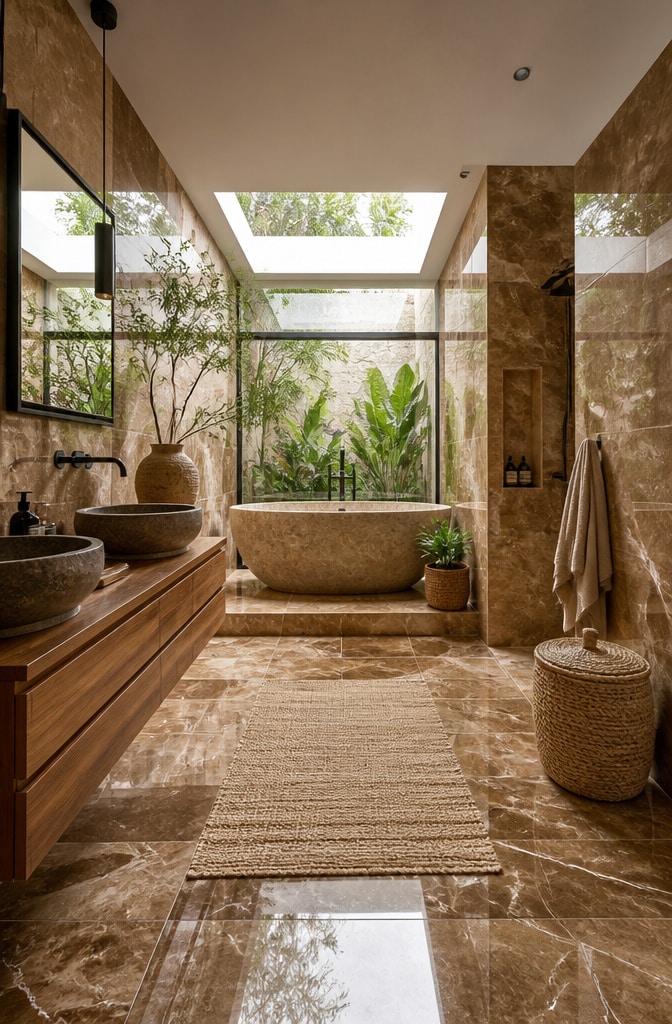 Earthy Brown Marble Bathroom with Natural Elements