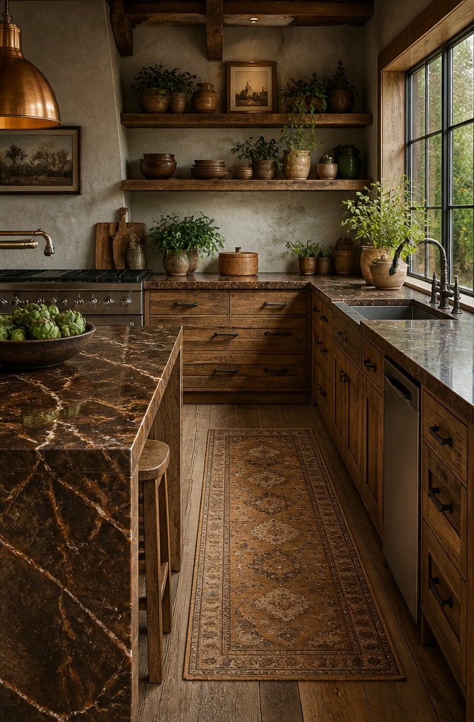 Earthy Brown Marble Kitchen with Natural Wood