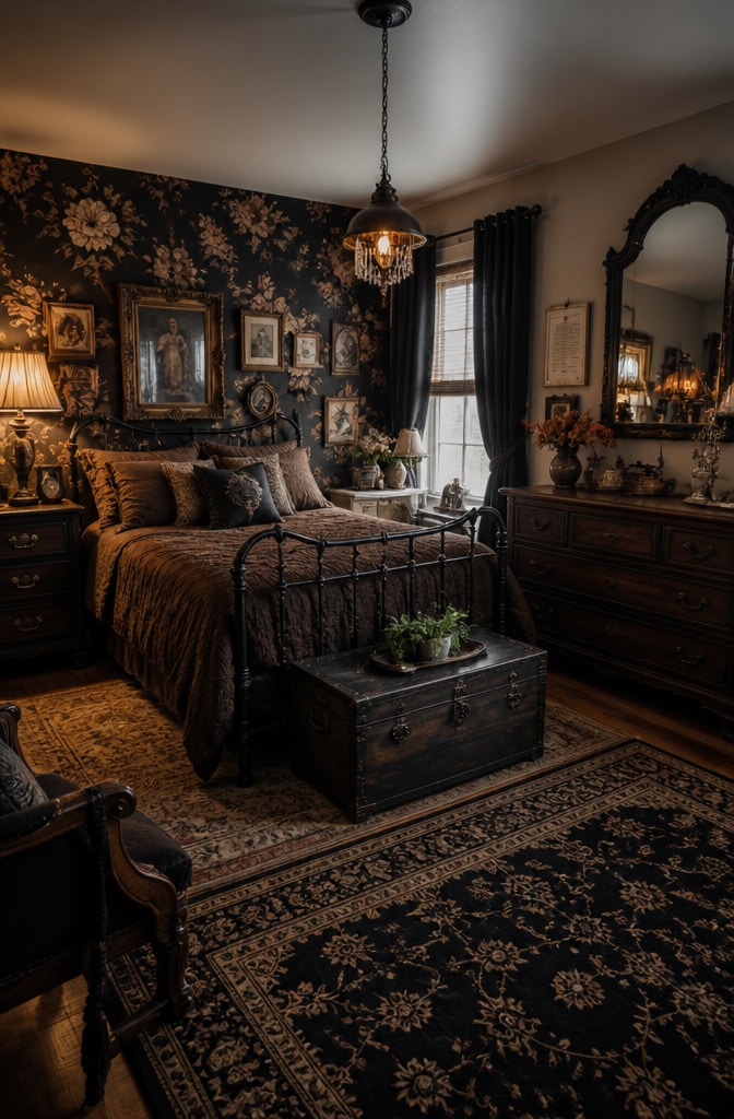 Eclectic Black and Chocolate Brown Vintage Bedroom