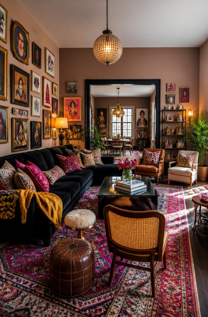 Eclectic Black Sofa Living Room with Bold Colors