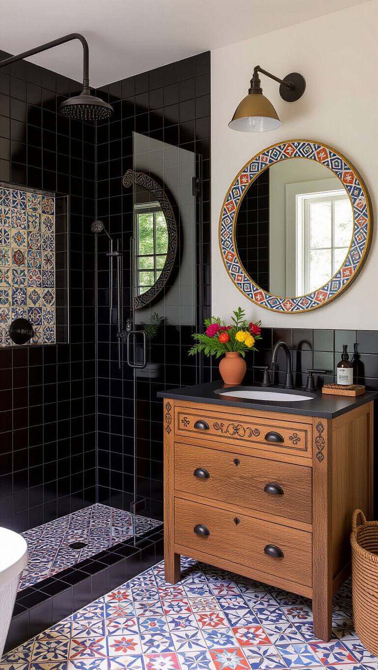 Eclectic Black Tile Bathroom with Colorful Mosaics