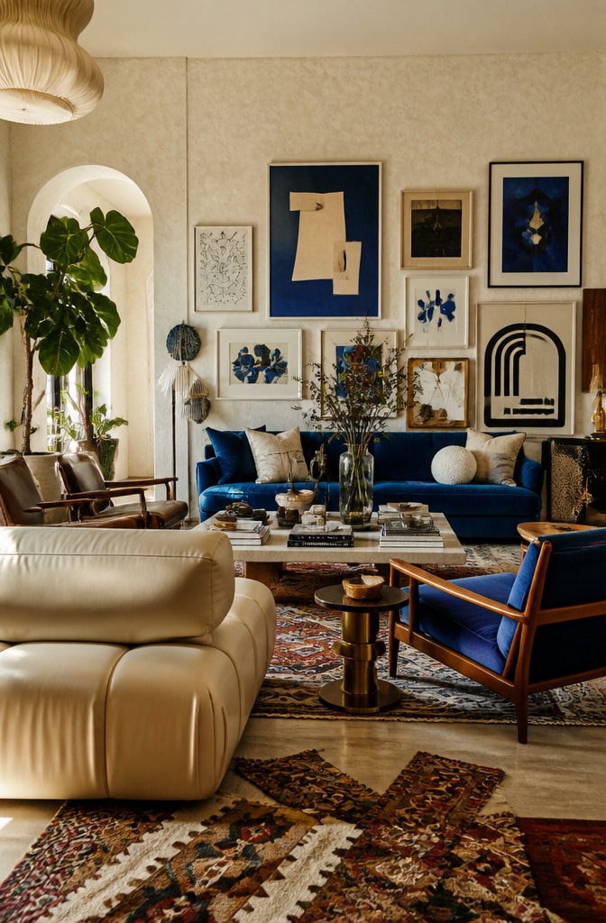 Eclectic Blue and Cream Artistic Living Room