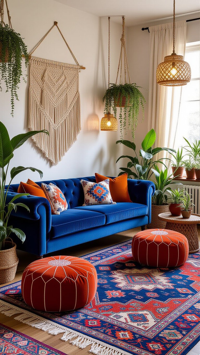 Eclectic Blue and Rust Bohemian Living Room