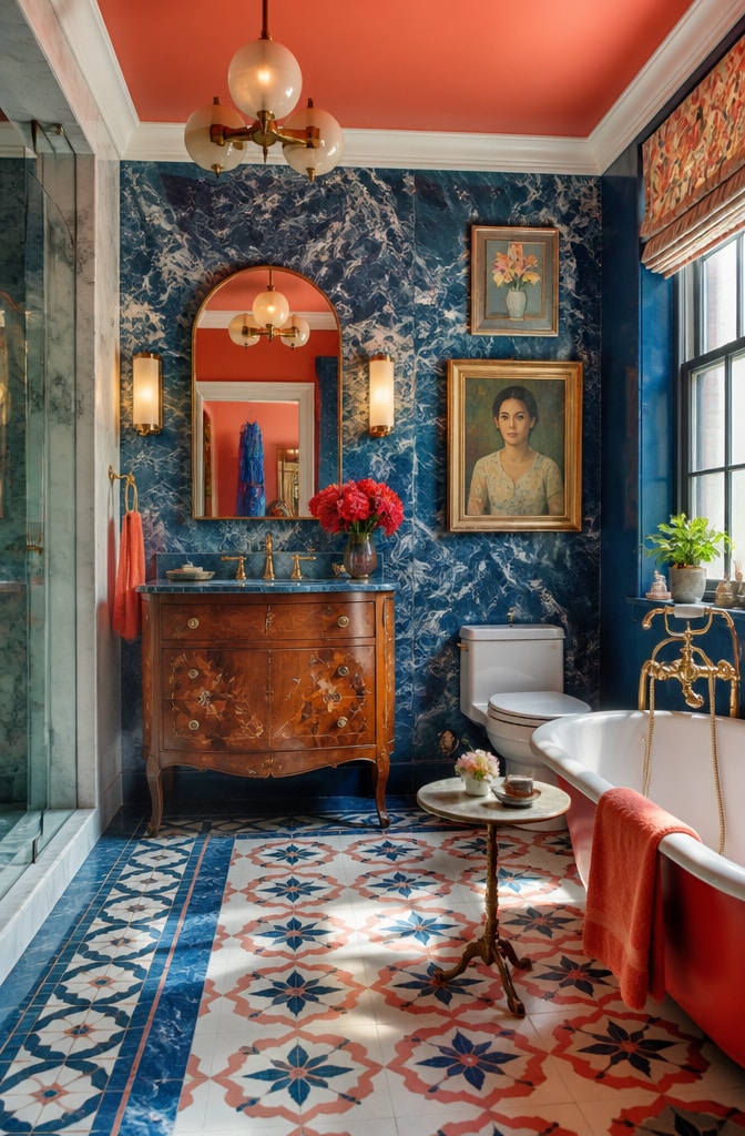 Eclectic Blue Marble Bathroom with Bold Colors