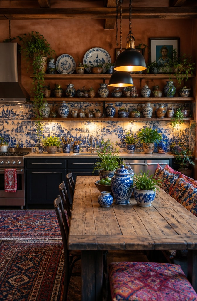 Eclectic Blue Willow Bohemian Kitchen