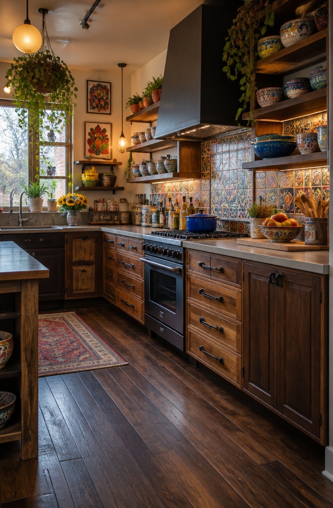 Eclectic Bohemian Kitchen with Dark Brown Hardwood Floors
