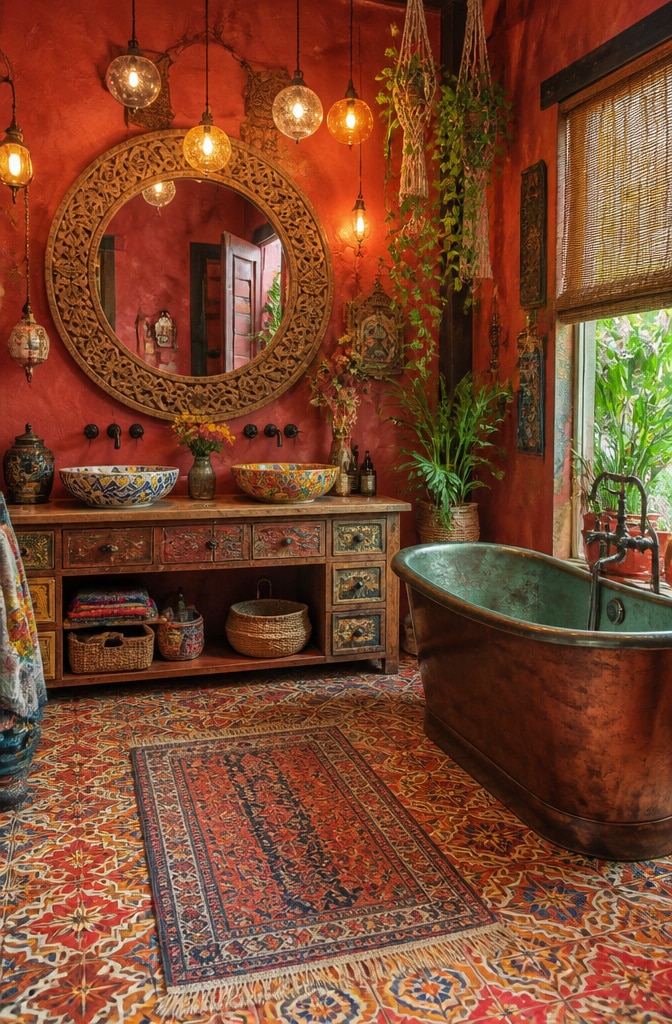 Eclectic Bohemian Red Bathroom Oasis
