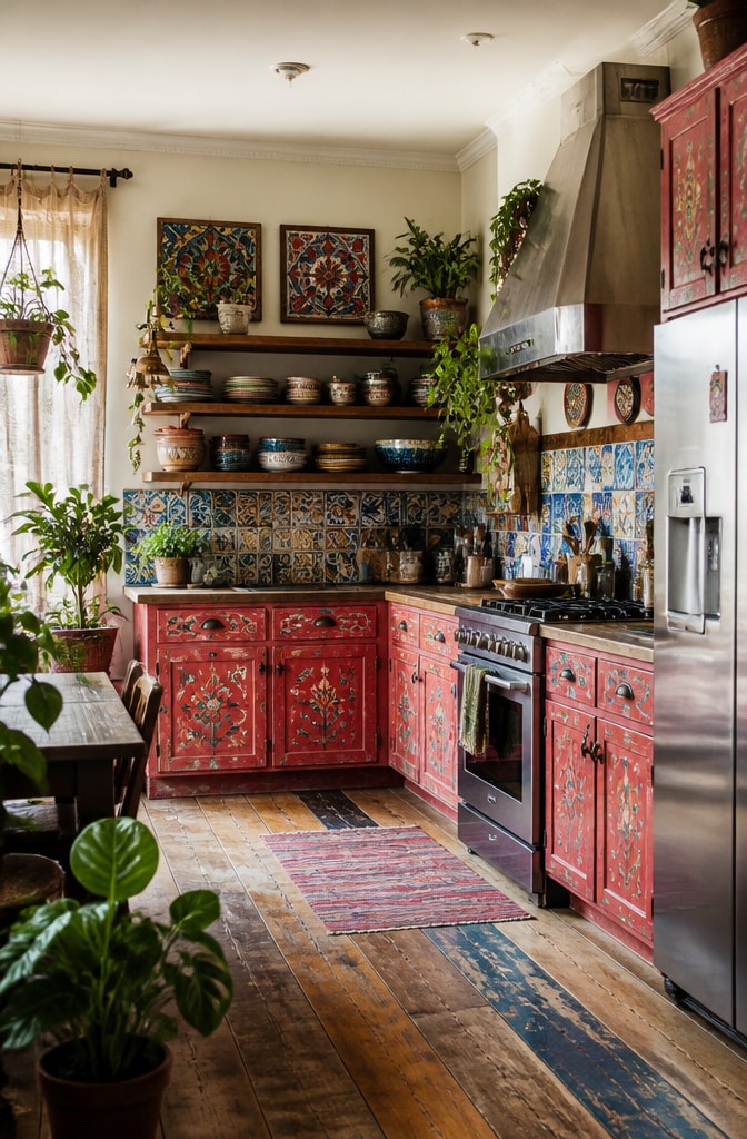 Eclectic Bohemian Red Painted Kitchen Cabinets