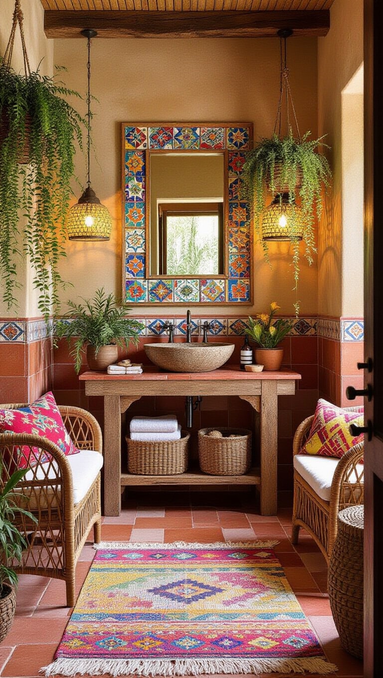 Eclectic Bohemian Red Travertine Bathroom