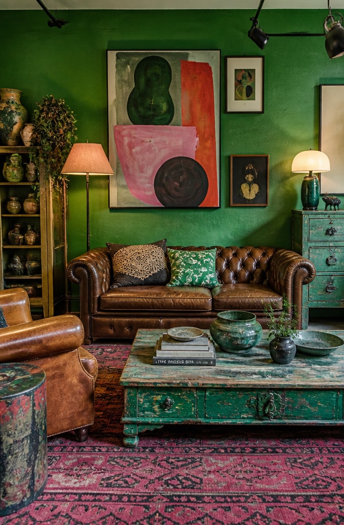 Eclectic Brown and Green Artistic Living Room