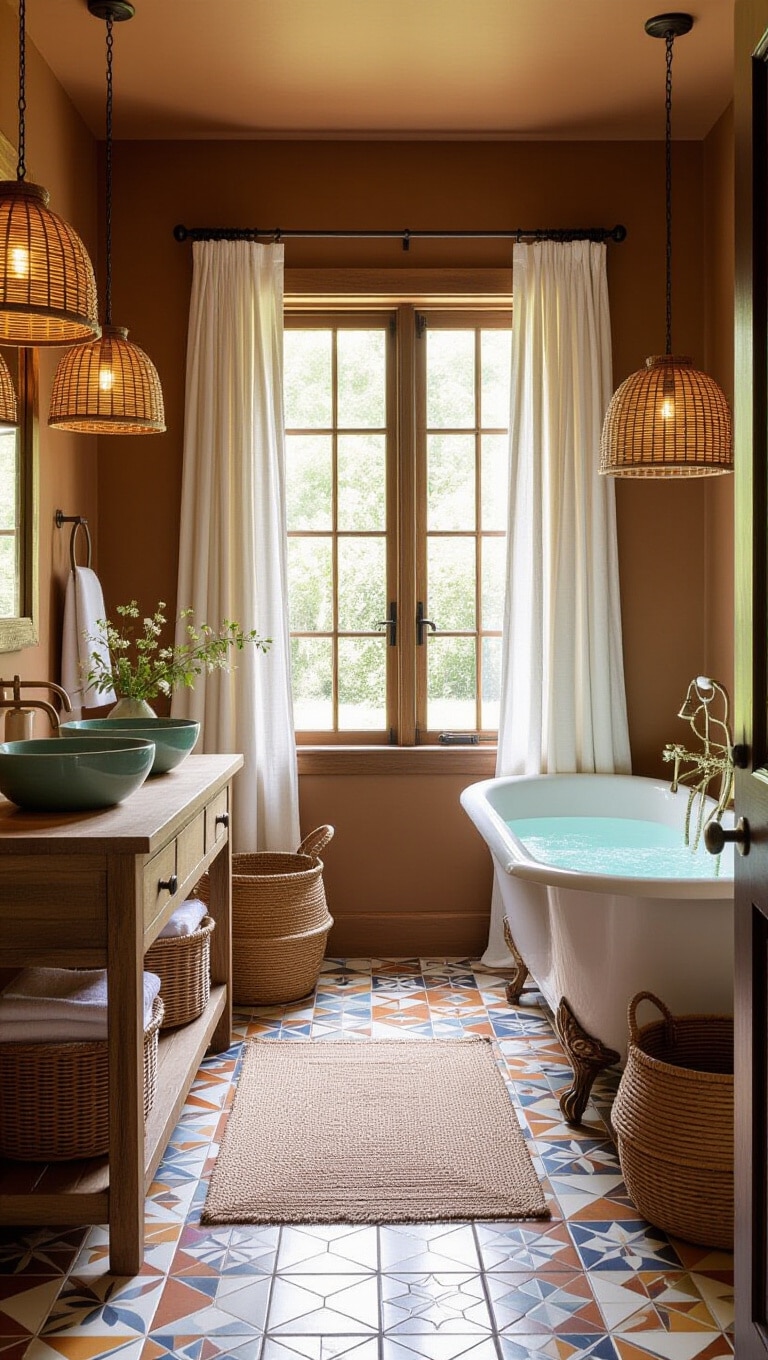Eclectic Brown and Natural Fiber Bathroom