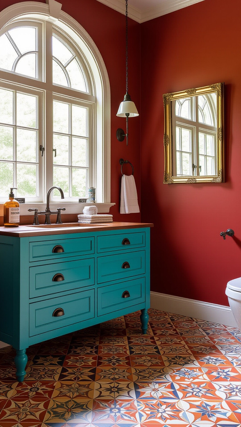 Eclectic Brown Bathroom with Bold Patterns